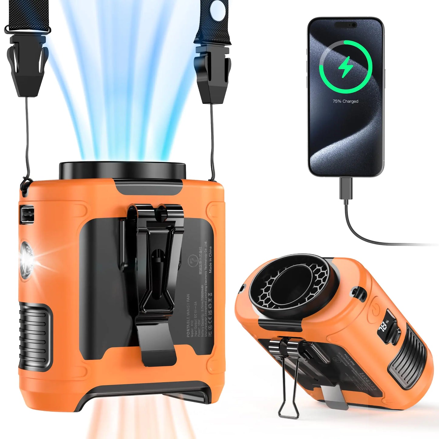 10000mAh Portable Waist Clip Fan40H Cooling Personal Wearable Fan5 Speeds 16000RPM Strong Belt FanRechargeable Hands-free Neck Fan With Flashlight for Outdoor Jobsite Camping Traveling (Orange)
